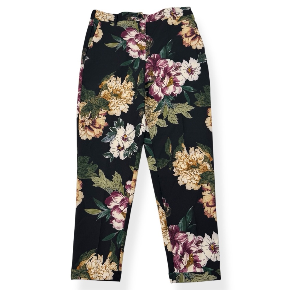 One By Chapter One‎ Pants Womens M Medium Black Floral Cuffed Pockets Stretch